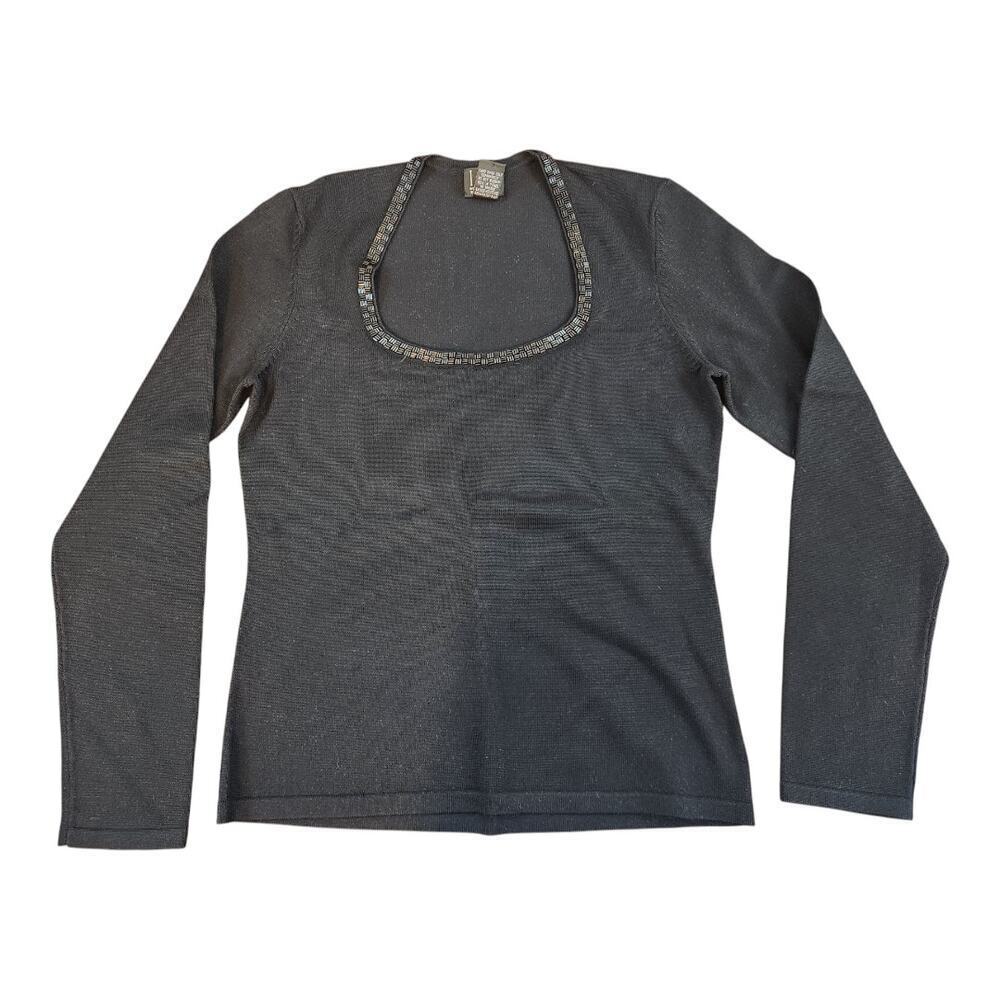 I.N.C. womens sz small petite black‎ beaded neck silk blend blouse long sleeve